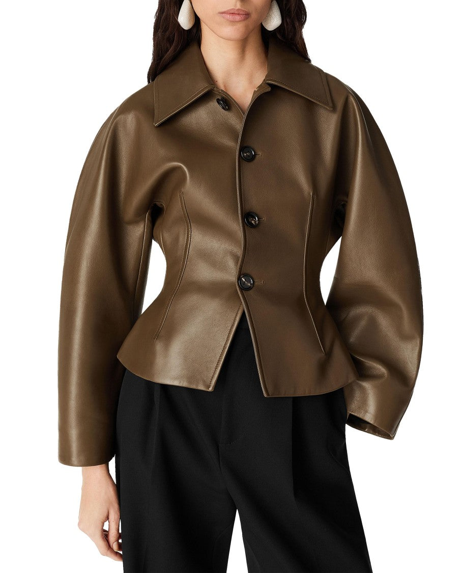 Bottega Veneta Brown Leather Jacket With Classic Collar And Flattering Silhouette