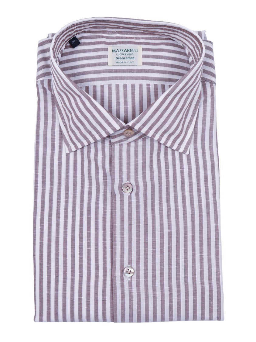 Mazzarelli Camicie Brown Striped Linen Cotton Shirt