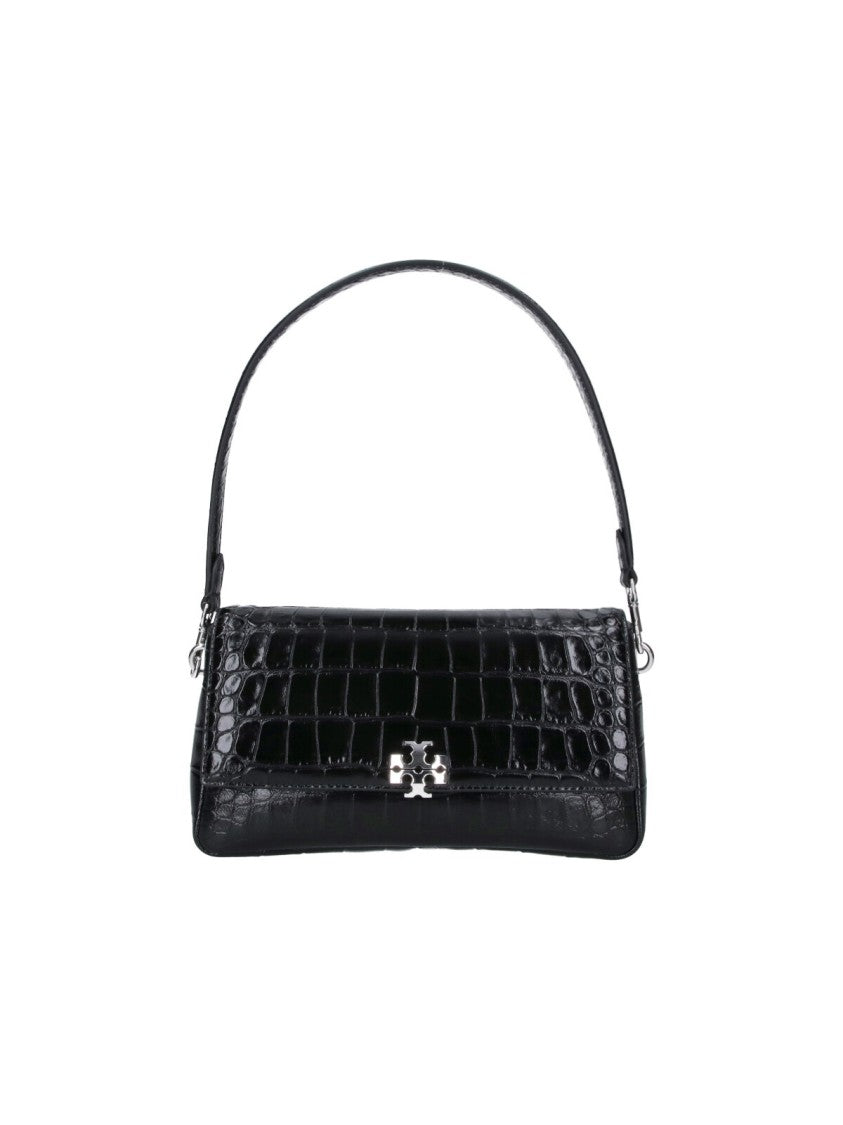 Tory Burch Crocodile-Embossed Black Leather Charlie Shoulder Bag