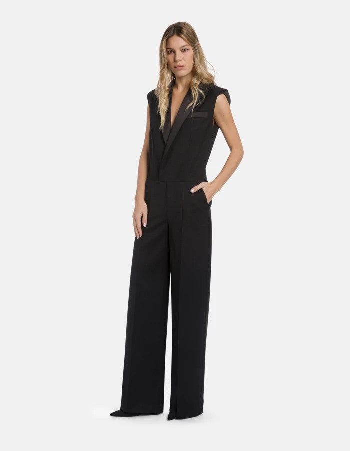 Dondup Sleeveless Jumpsuit With Satin Lapels And Wide-Leg Design
