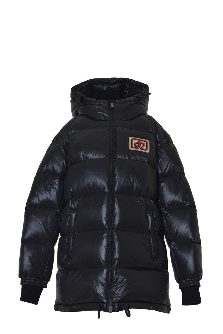 Dsquared2 D2 Long Down Jacket In Black Nylon With Hood