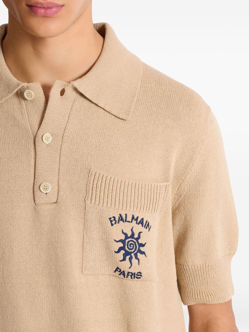 Balmain Beige Ribbed Short-Sleeve Polo Shirt
