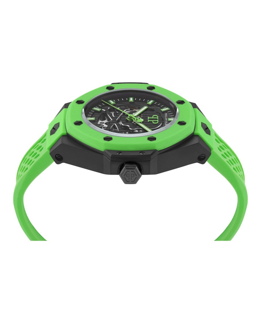 Philipp Plein Skeleton Dial Automatic Watch With Green Silicone Strap