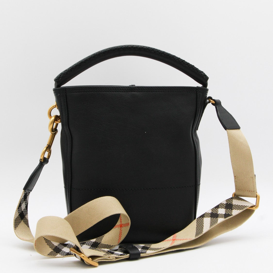 Burberry Structured Black Leather Bucket Bag With Classic Check Strap