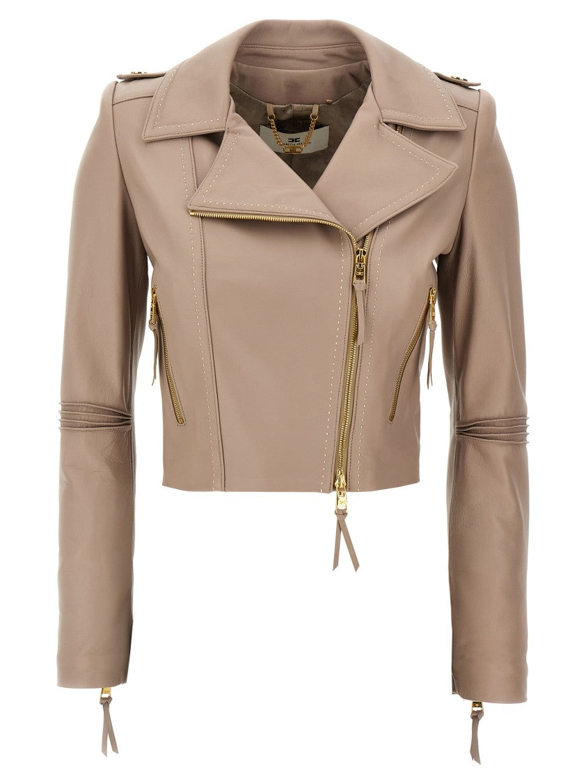 Elisabetta Franchi Cropped Leather Biker Jacket With Asymmetric Closure