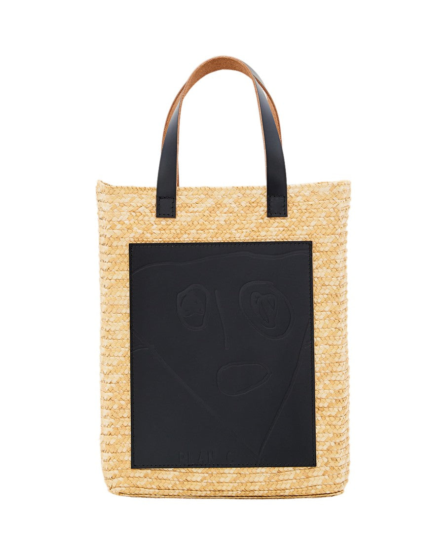 Plan C Woven Straw Medium Shopper Bag With Adjustable Strap And Abstract Design