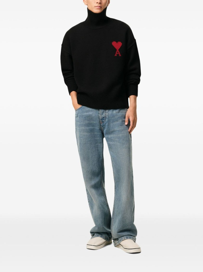 Ami Paris High Ribbed Turtleneck Sweater With Distinctive Heart Emblem
