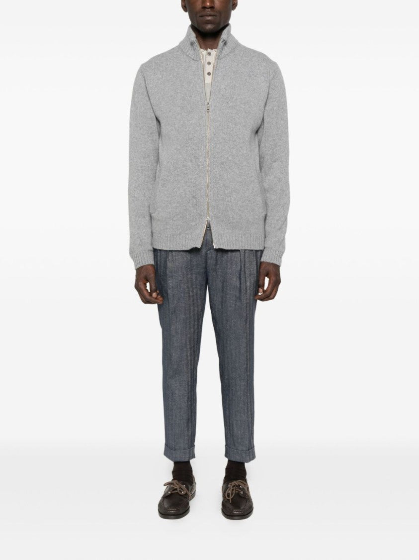 Daniele Fiesoli Full-Zip Grey Wool Sweater With Ribbed Details