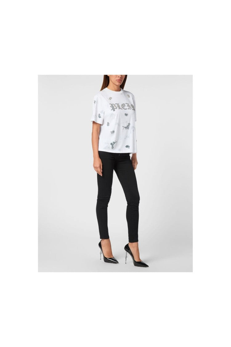 Philipp Plein Relaxed-Fit White Cotton T-Shirt With Floral Motifs