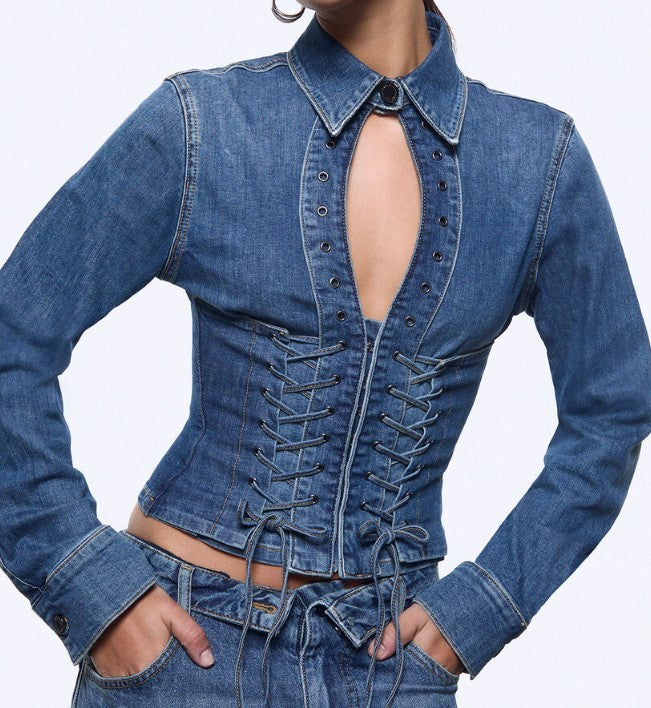 Liu Jo Light Stonewash Stretch Denim Shirt With Corset Details
