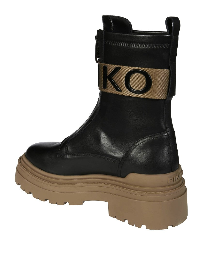 Pinko Stretch Leather Biker Lace-Up With Gold Buckle