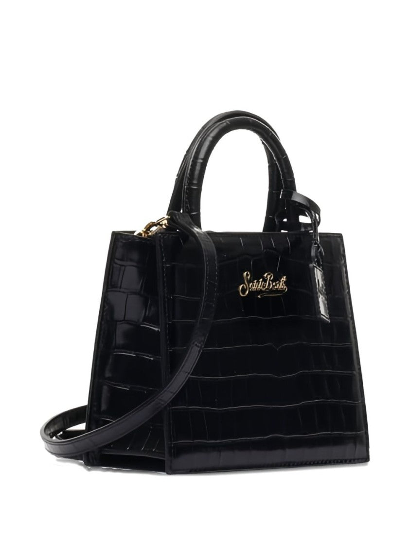 Mc2 Saint Barth Structured Black Embossed Crocodile Handbag With Gold-Tone Logo And Detachable Strap