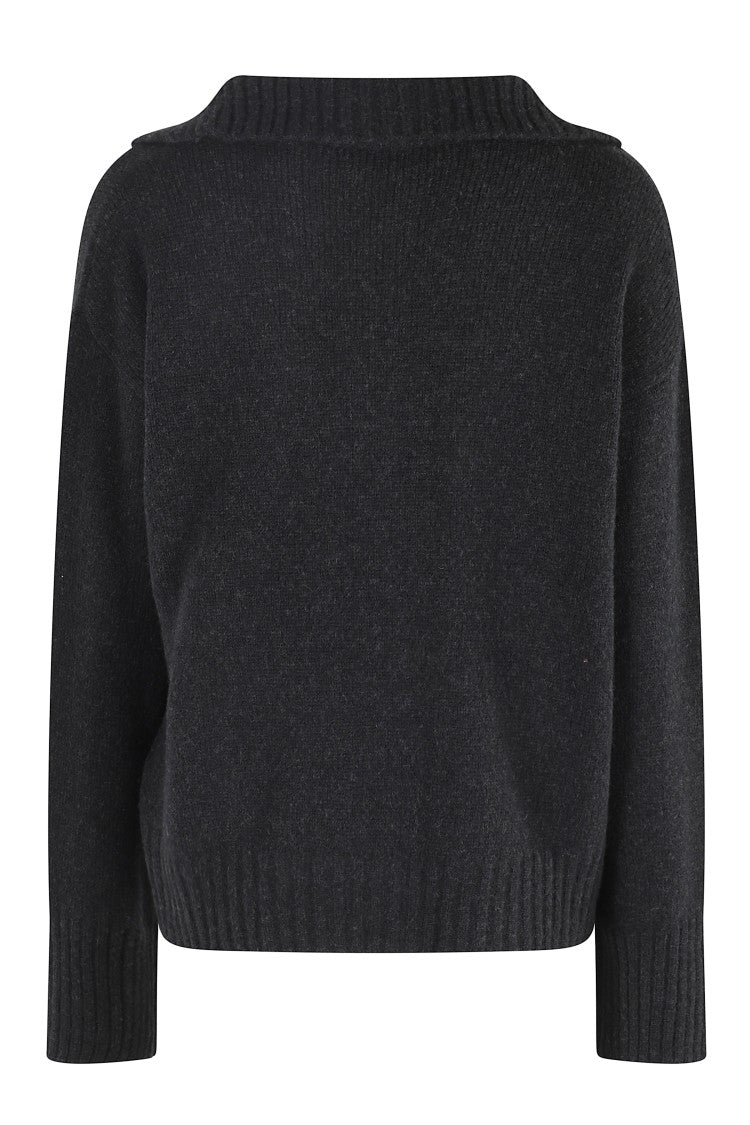 Roberto Collina Polo Collar Black Sweater With Boxy Fit And Ribbed Details