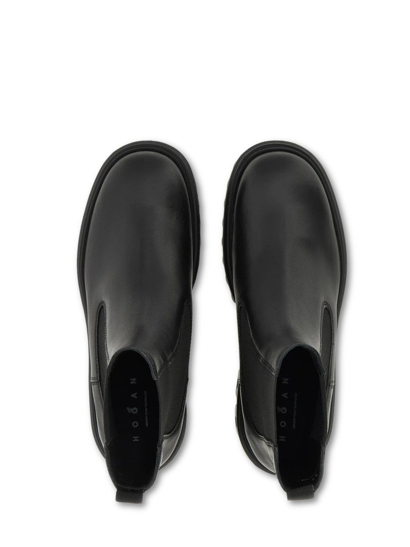 Hogan Black Leather Boots With Elastic Side Panels