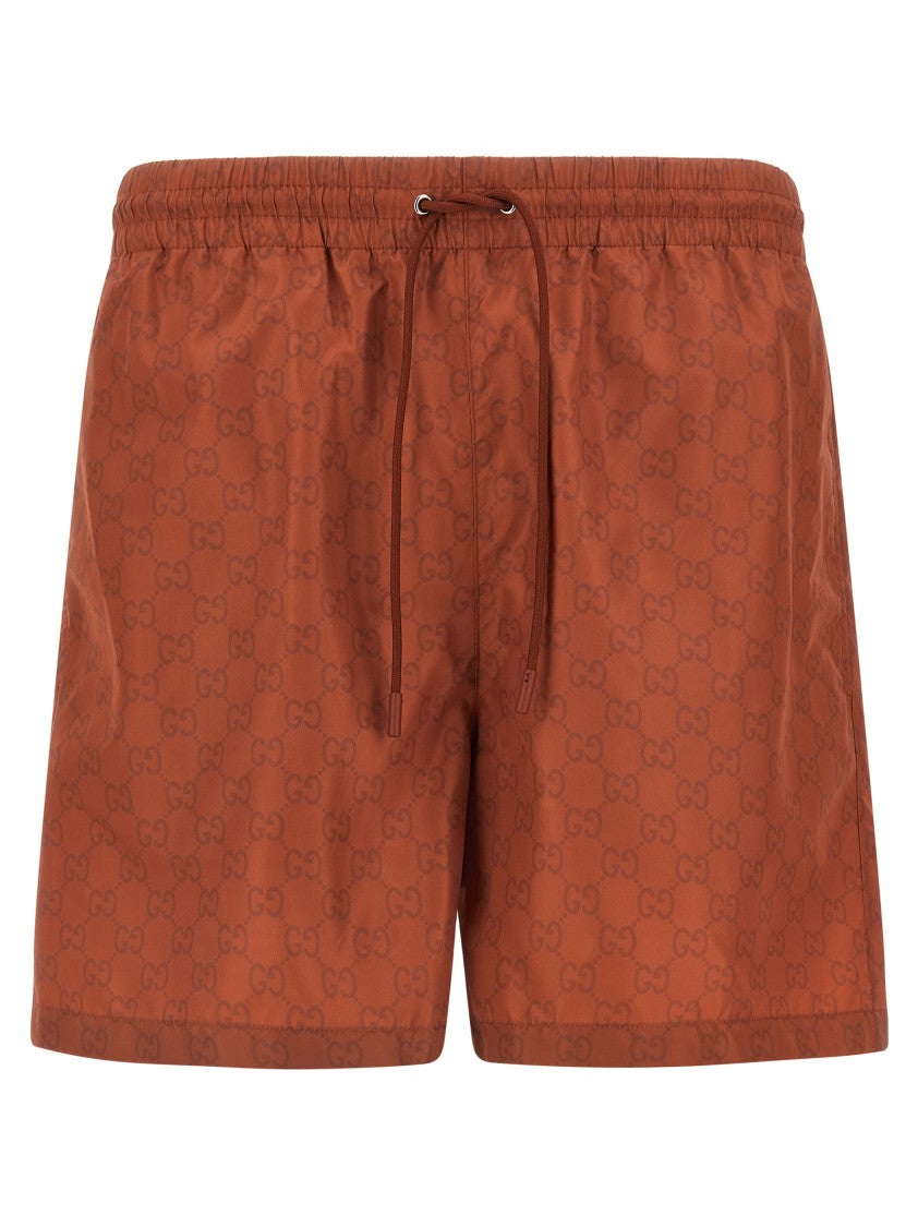 Gucci All-Over Gg Print Brown Swim Shorts With Drawstring Waistband
