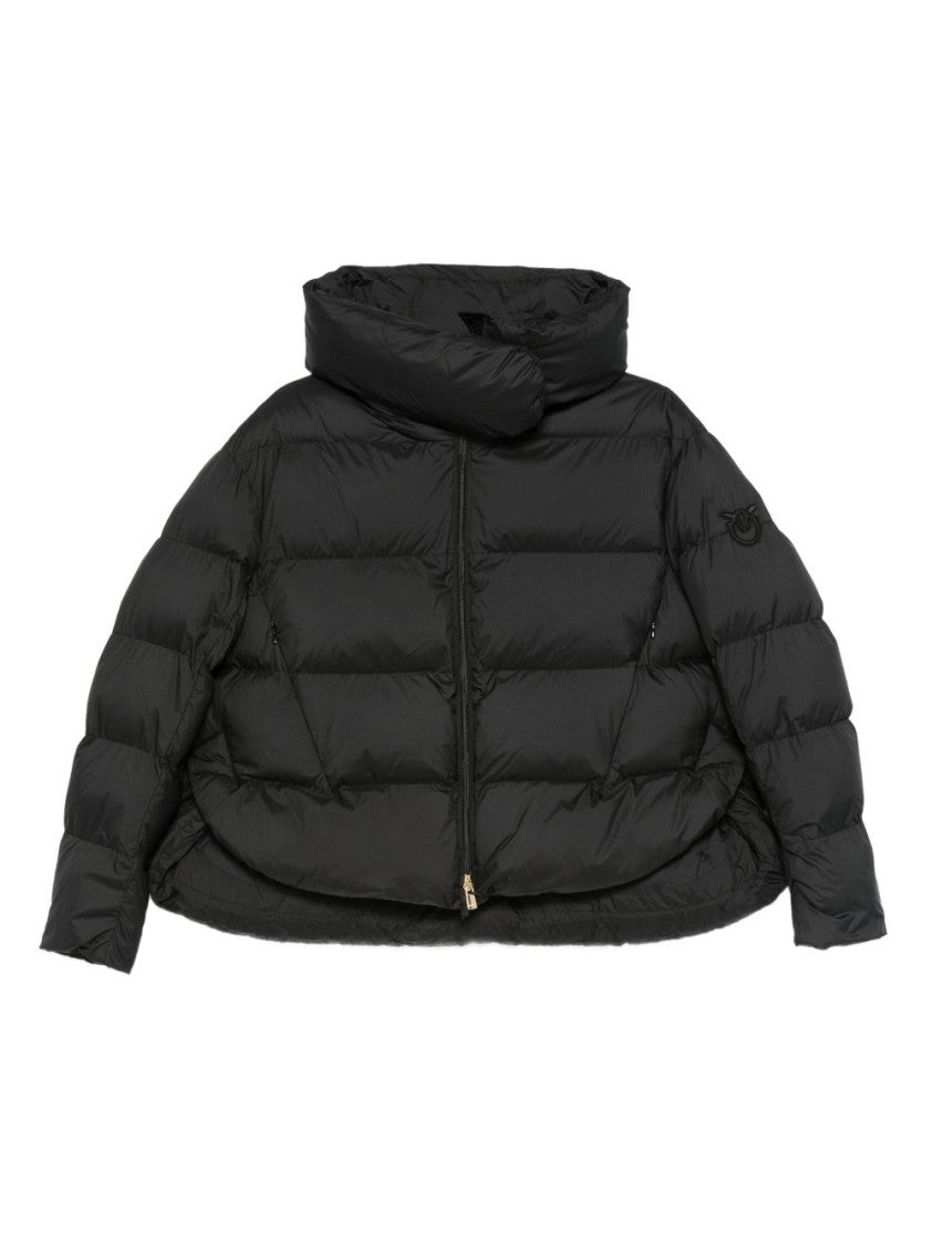 Pinko Quilted Black Coat With High Neck And Logo Patch