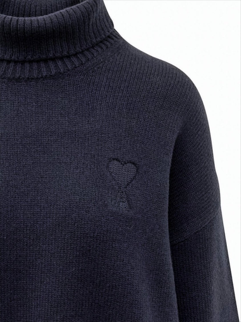 Ami Cropped Turtleneck Sweater With Ribbed Neckline And Heart Detail