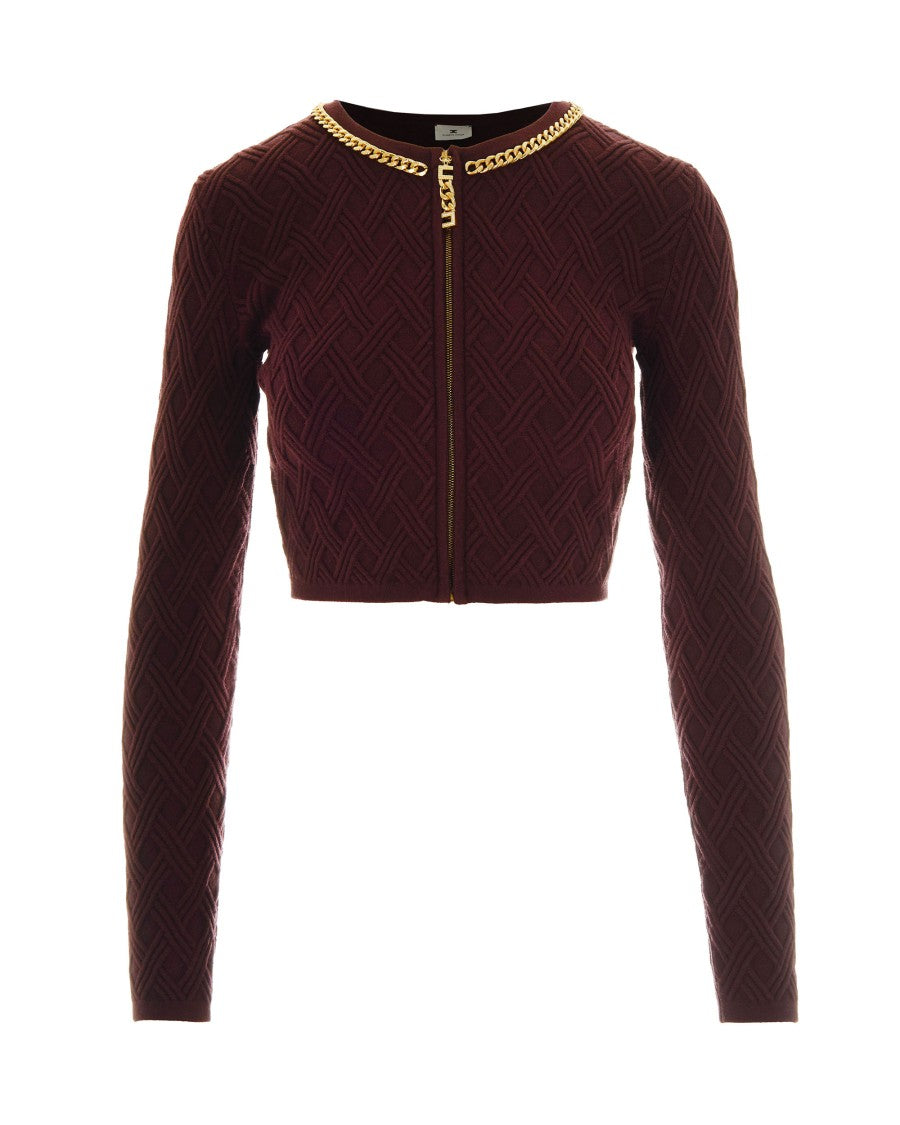 Elisabetta Franchi Diamond Knit Cardigan With Jewel Detail – Bordeaux