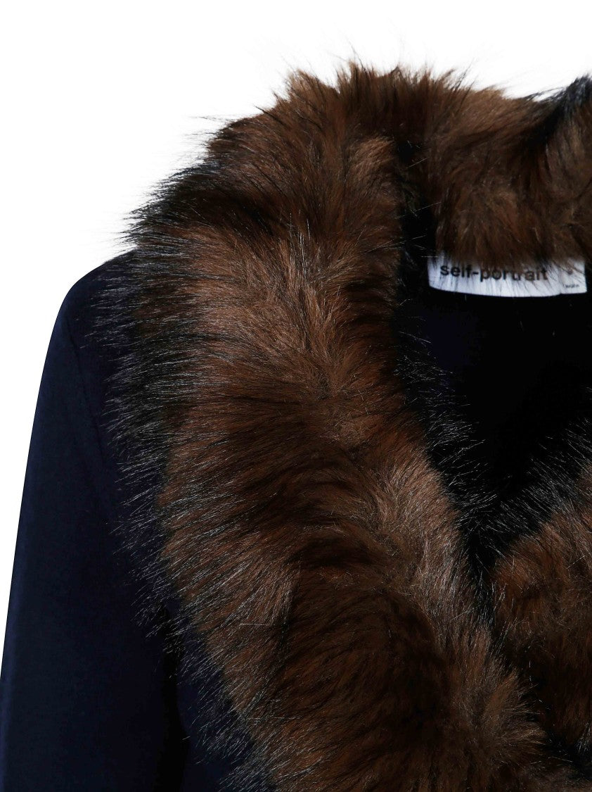 Self-Portrait Navy Faux Fur Collar Cropped Cardigan