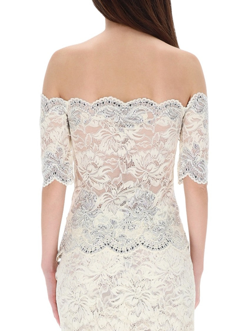Rabanne Semi-Sheer Haut Polyamide Lace Off-Shoulder Top