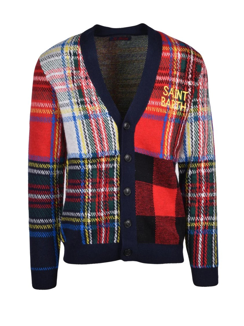 Mc2 Saint Barth Red Patchwork Plaid Wool-Blend Cardigan