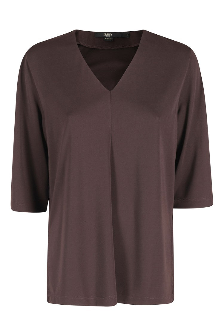 Seventy Brown V-Neck Side-Slits Polyester Sweater