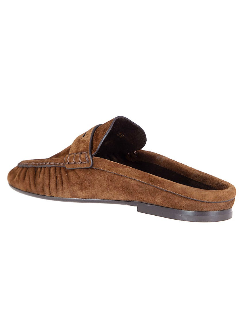 Saint Laurent Suede Mule Sandals With Hand-Stitched Pointed Toe And Cassandre Embellishment