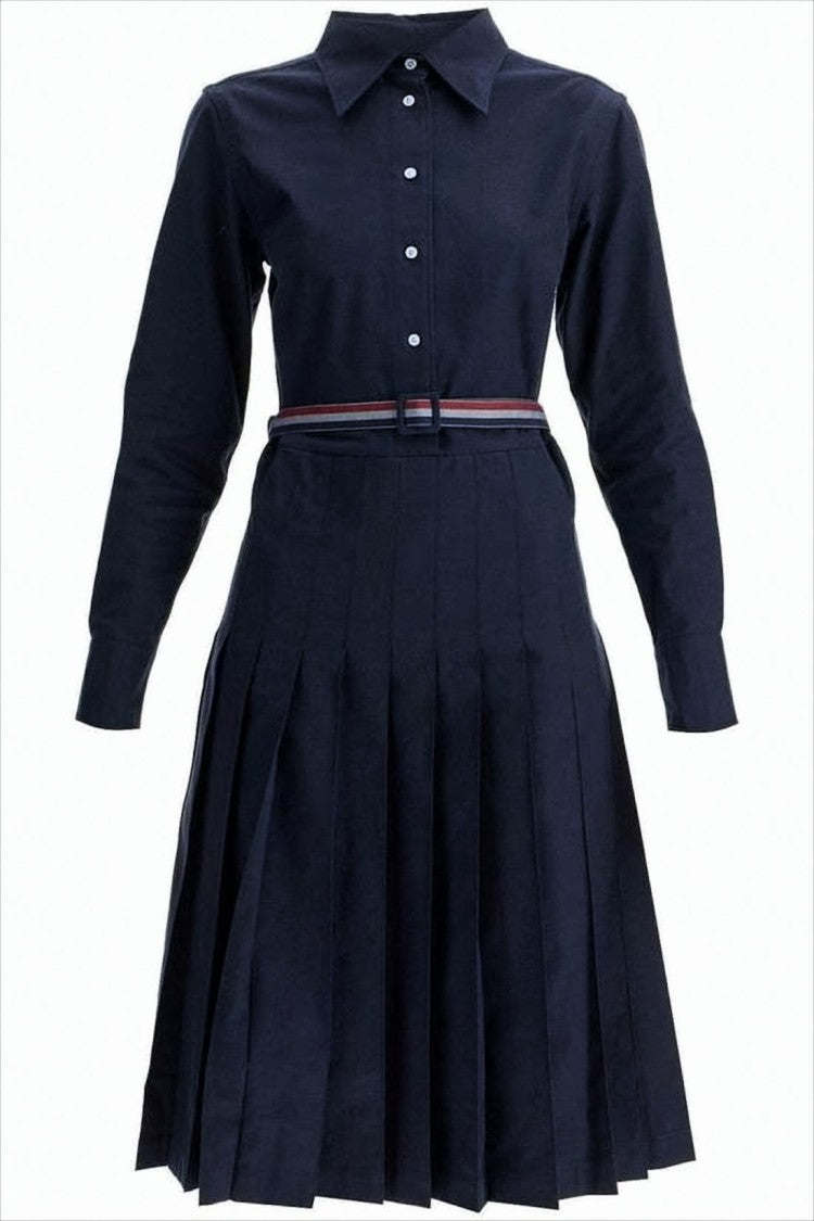 Thom Browne Pleated Midi Dress With Classic Collar And Waist Belt