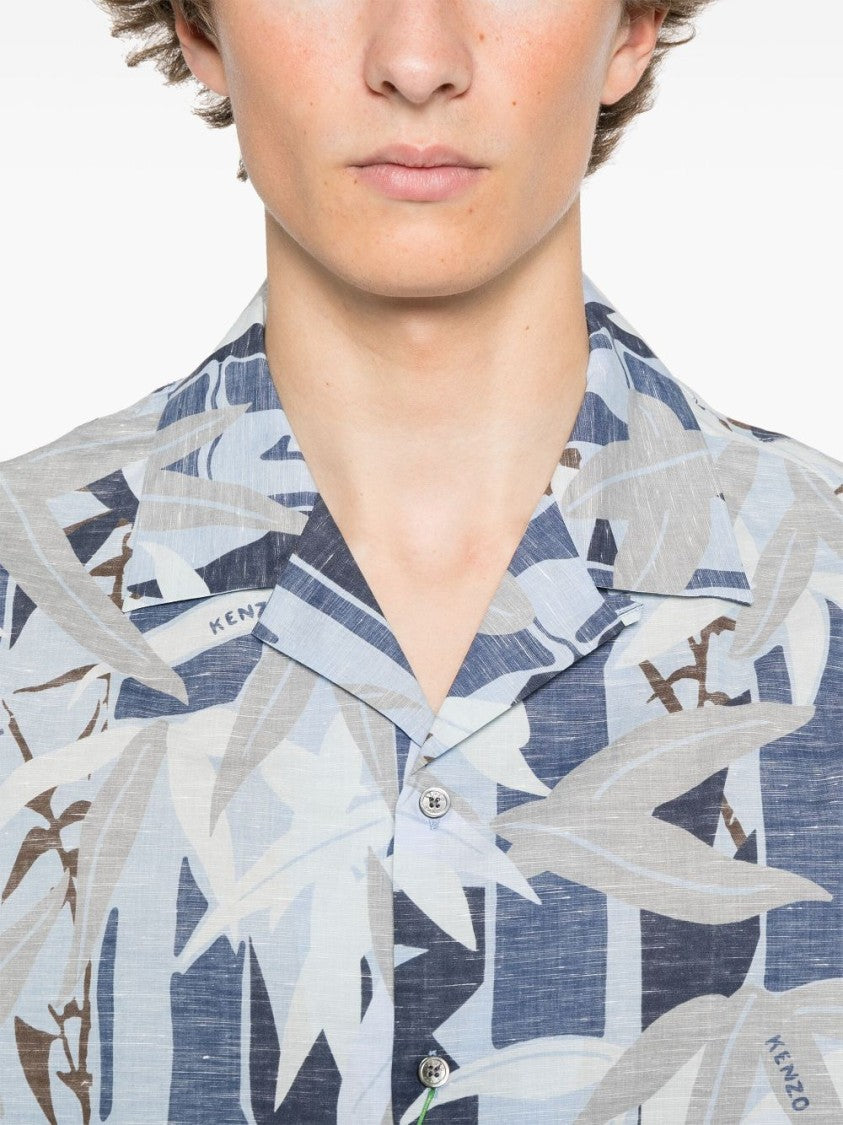 Kenzo Blue Camp Collar Box-Pleat Shirt
