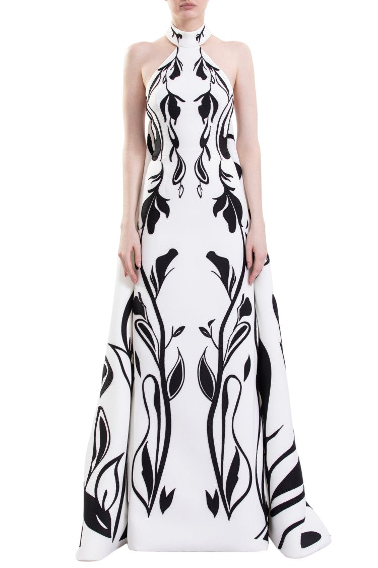 Saiid Kobeisy Laser Cut Scuba Halter Neck Dress With Bold Organic Motifs