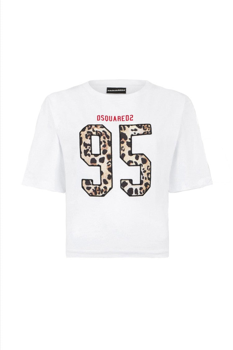 Dsquared2 White Leopard-Print Numeral Graphic Cotton T-Shirt