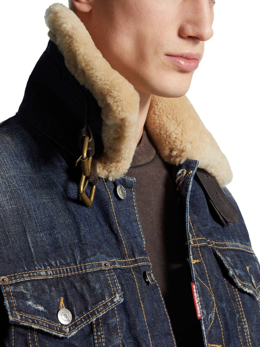 Dsquared2 Distressed Denim Aviator Jacket With Shearling Collar