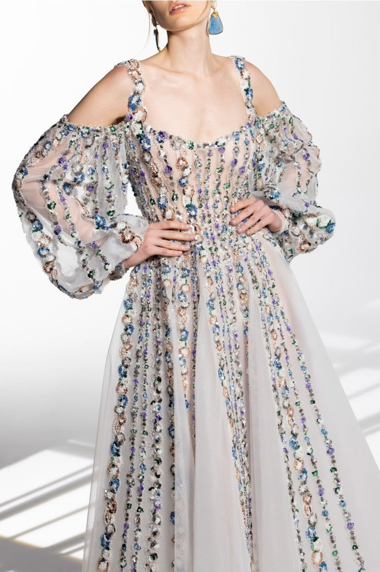 Saiid Kobeisy Off-Shoulder Beaded Dress With Shoulder Straps