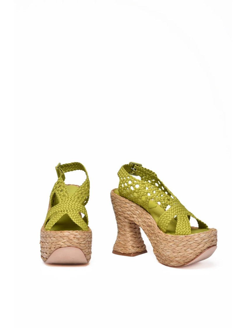 Paloma Barceló Green Woven Raffia Wedge Sandals