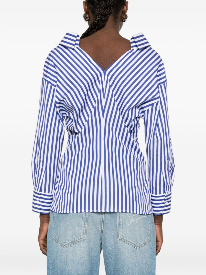 Givenchy Vertical Blue And White Stripe Off-Shoulder Shirt