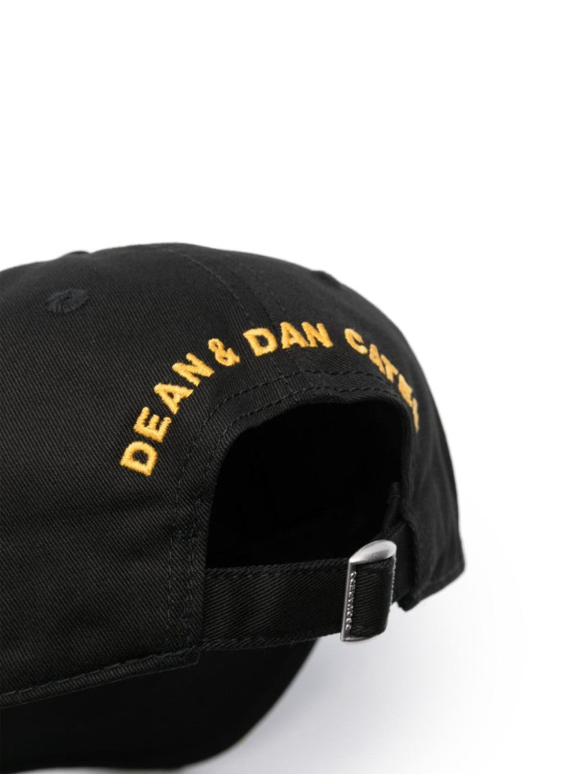Dsquared2 Distressed Black Cotton Cap With Embroidered Logo