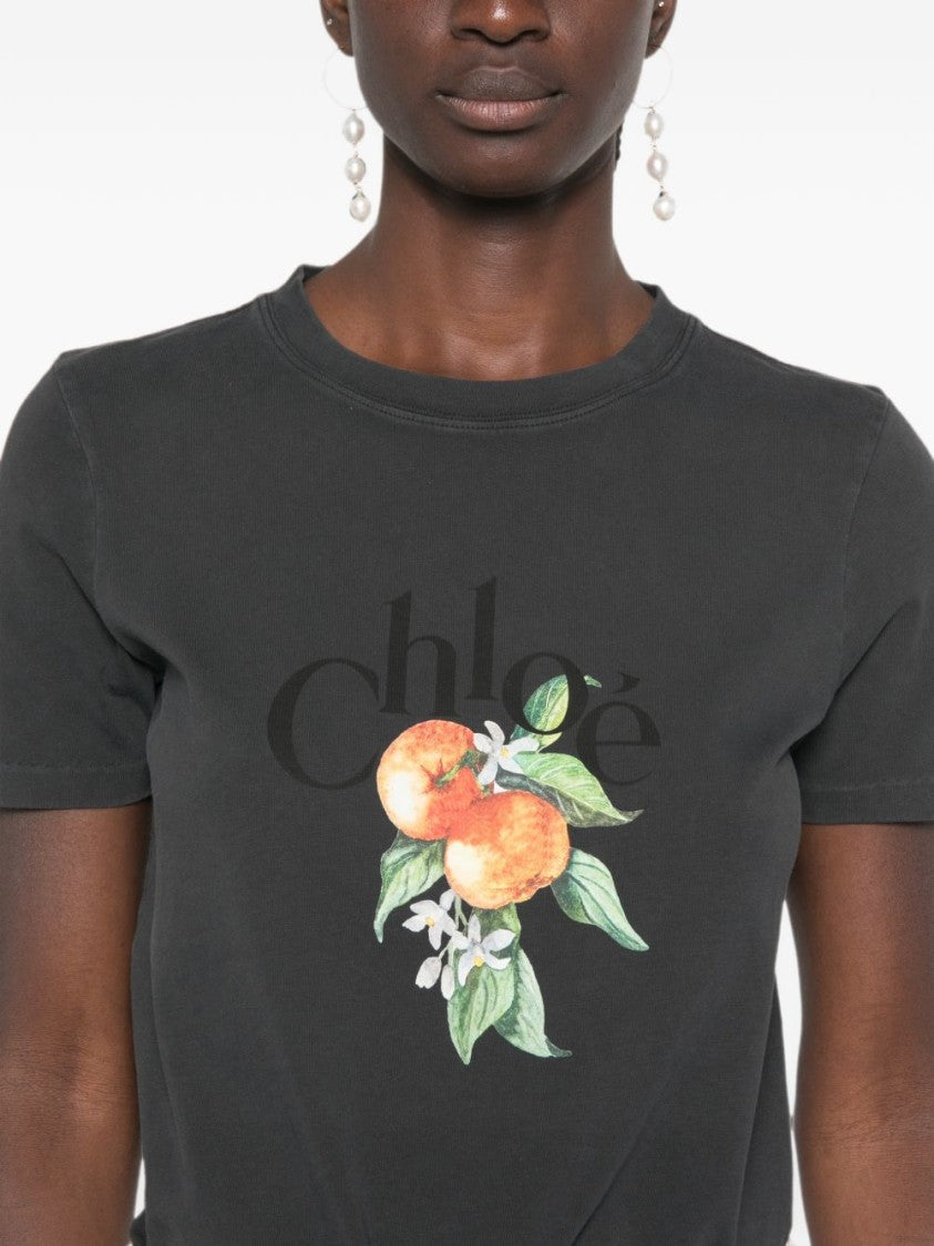 Chloé Black Slightly Cropped Colorful Fruit T-Shirt