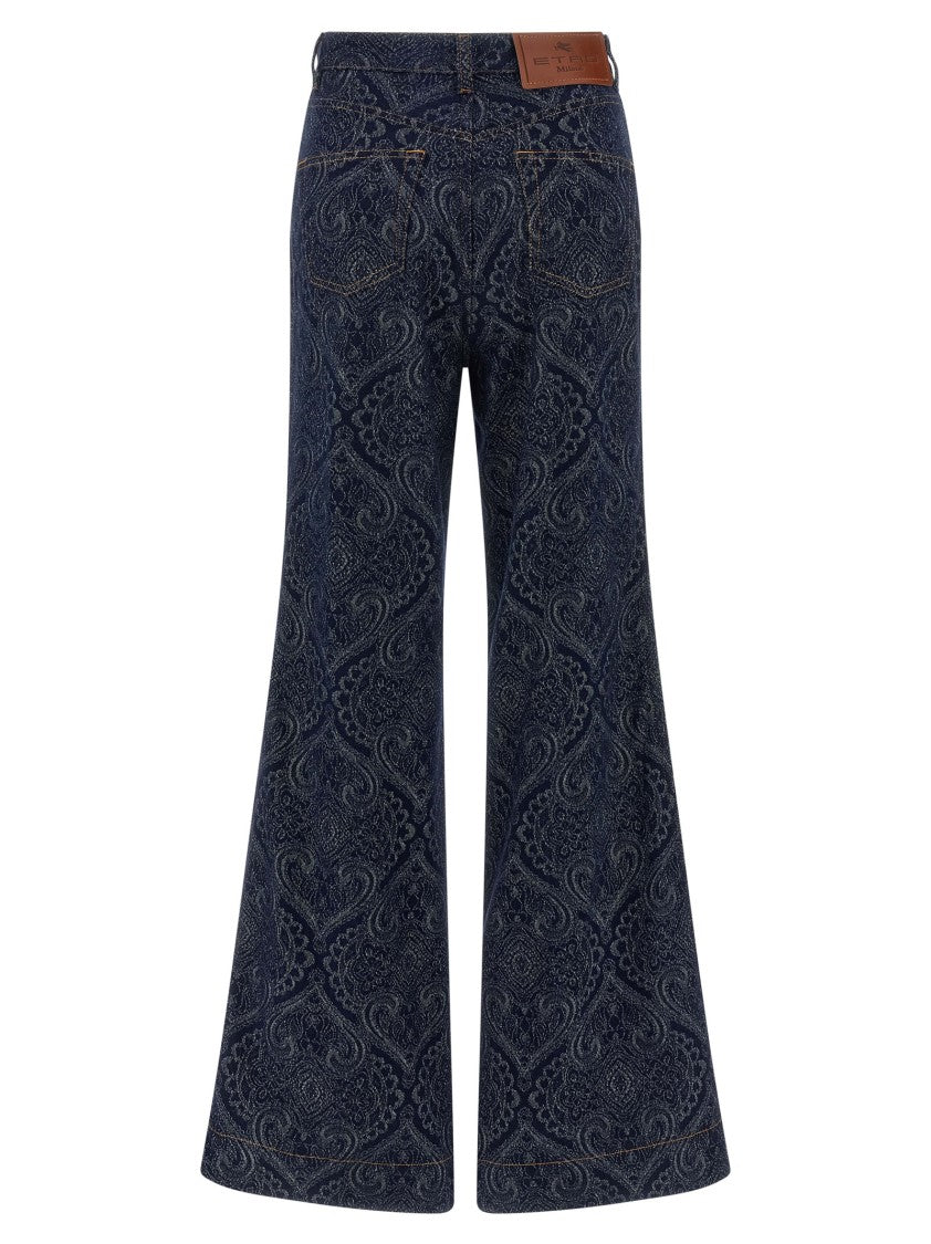 Etro Abstract Jacquard Denim Jeans With Flared Leg