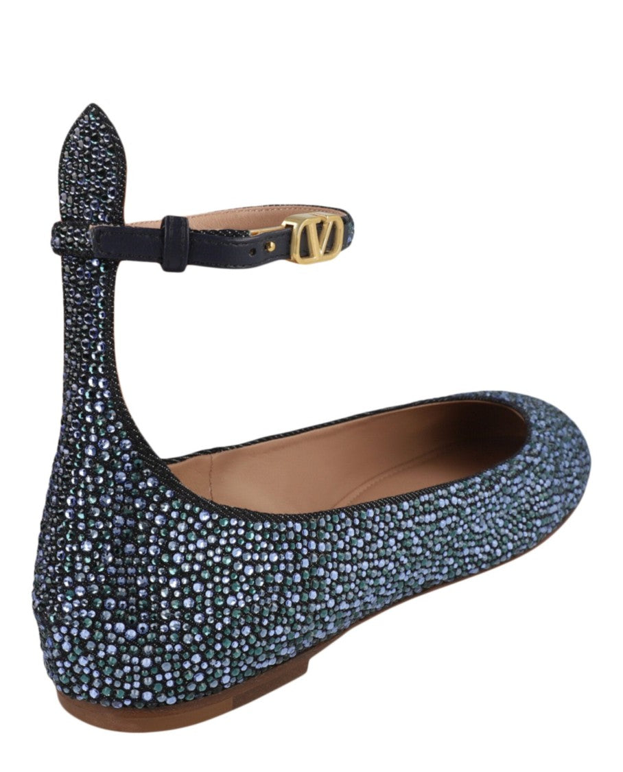 Valentino Tan-Go Crystal-Embellished Denim Ballet Flats