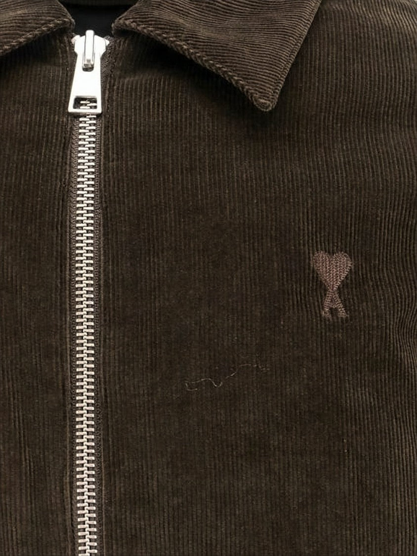 Ami Cropped Corduroy Bomber Jacket With Classic Collar And Embroidered Logo