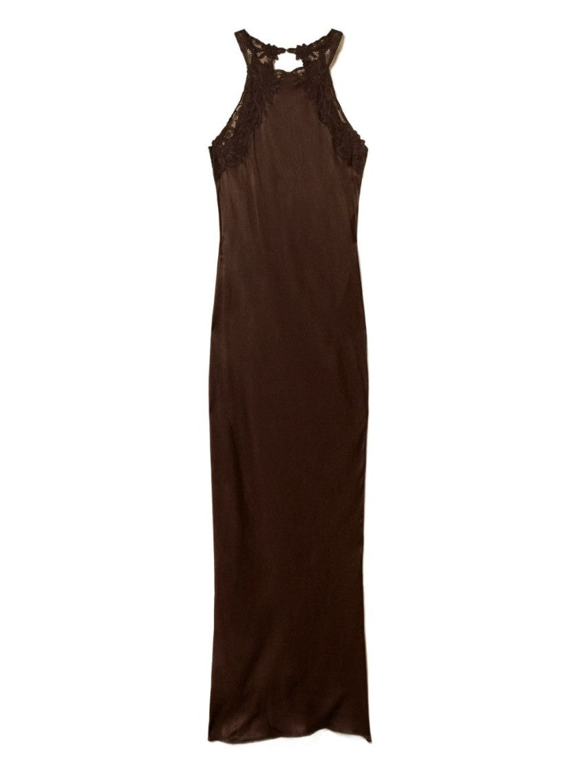 Twin-Set Brown Maxi Dress With Lace Detailing