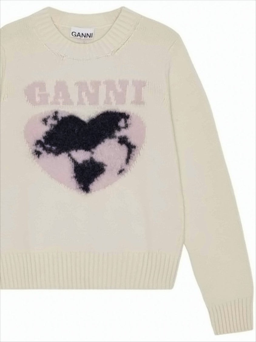 Ganni Heart Motif Knit Sweater In Creamy Tone