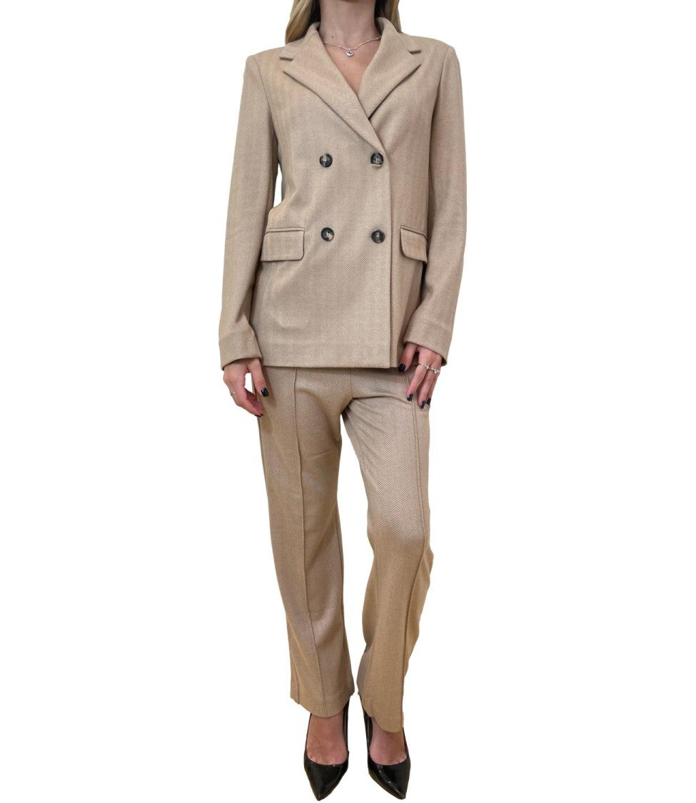 Max Mara Double-Breasted Beige Herringbone Jacket With Wide Lapels