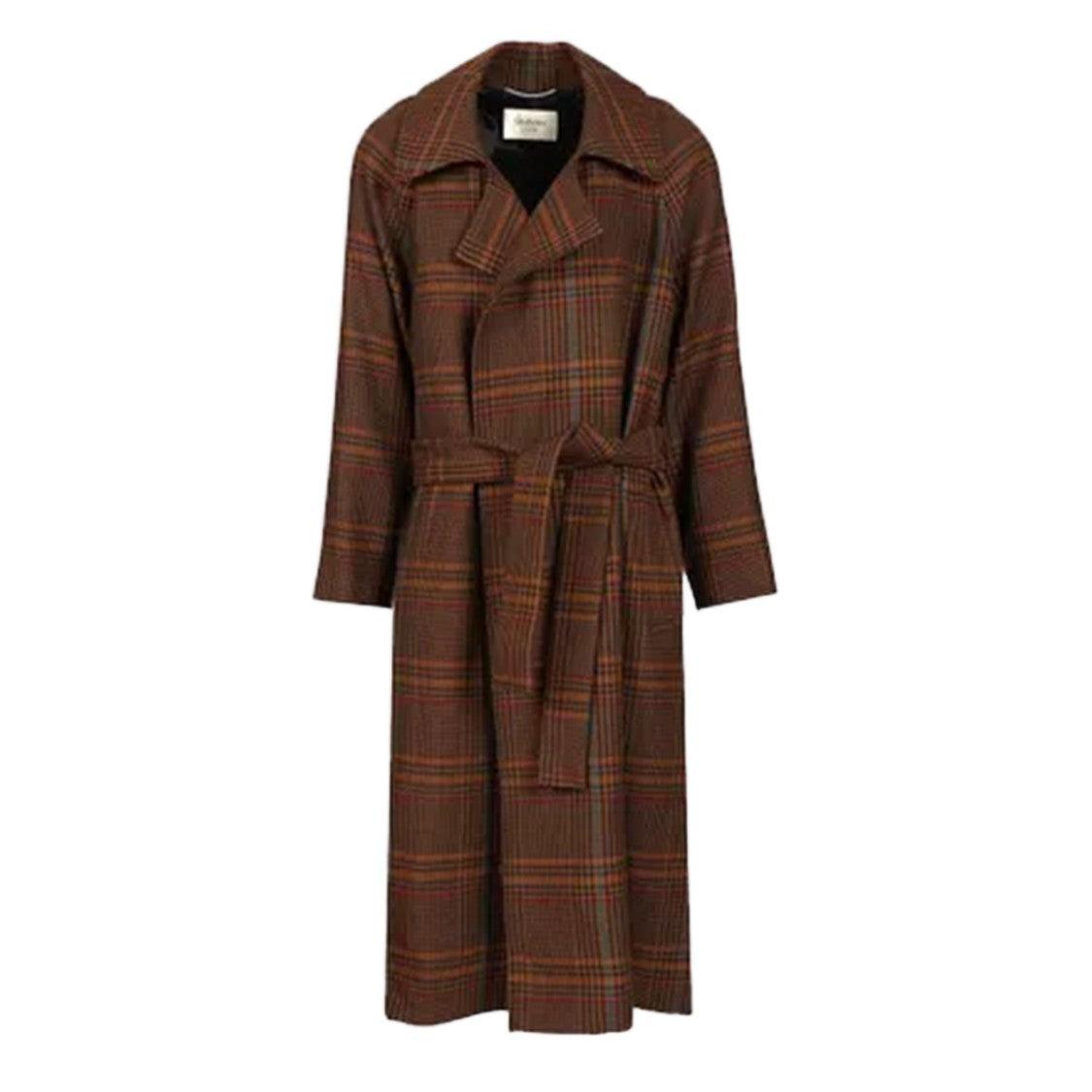 Saint Laurent Tailored Plaid Long Coat With Wide Collar And Belted Waist