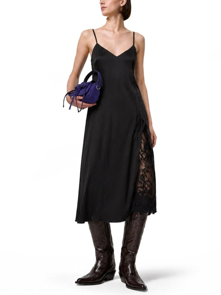 Acne Studios Satin Midi Dress With Asymmetrical Overlay And Lace Detailing