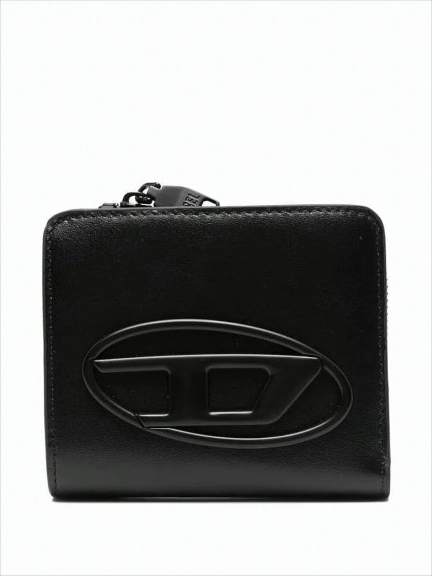 Diesel Compact Black Calfskin Wallet With Zip-Around Closure