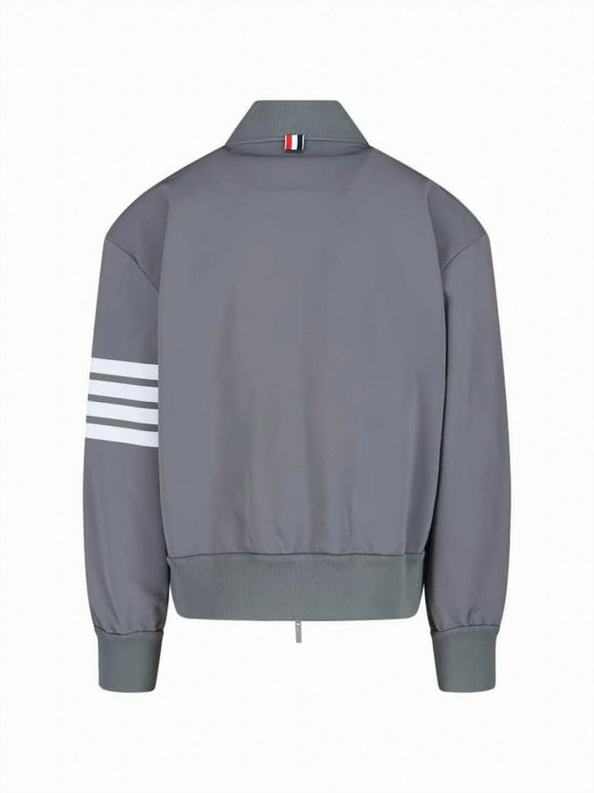 Thom Browne Cropped Grey Leather Jacket With Striped Accents