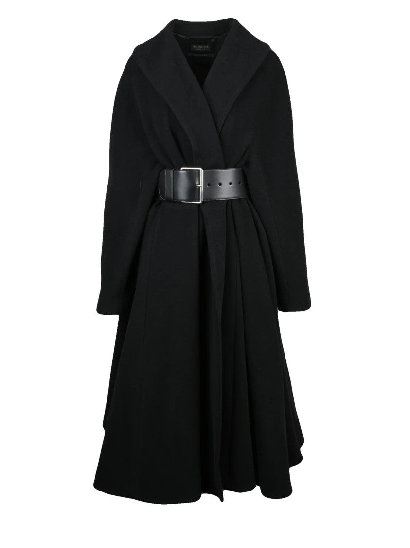 Balenciaga Flared Black Coat With Wide Collar And Belted Cinch