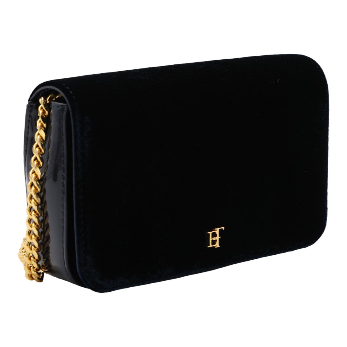 Elisabetta Franchi Black Sleek Velvet Gold Accent Shoulder Bag