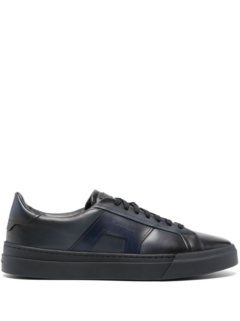 Santoni Navy Blue Calf Leather Lace-Up Sneakers